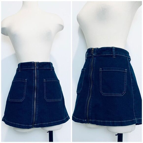 Sincerely Jules A Line Denim Patch Pocket Zipper Mini Skirt Dark 9/29 - Picture 1 of 7